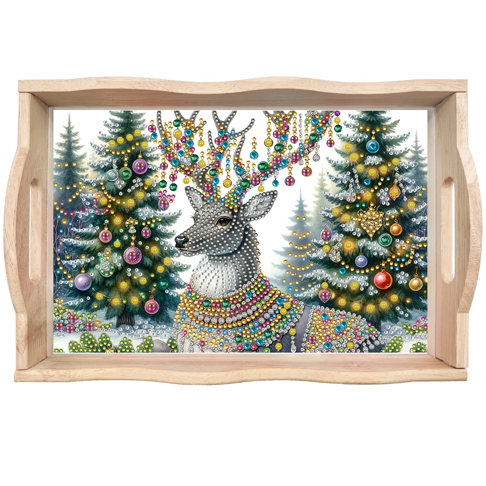 FLOPESN DIY Diamond Art Painting Handmade Wooden Tray,Creative Design Serving Dinner Plate for Coffee Living Room Home Organizer-Christmas Elk