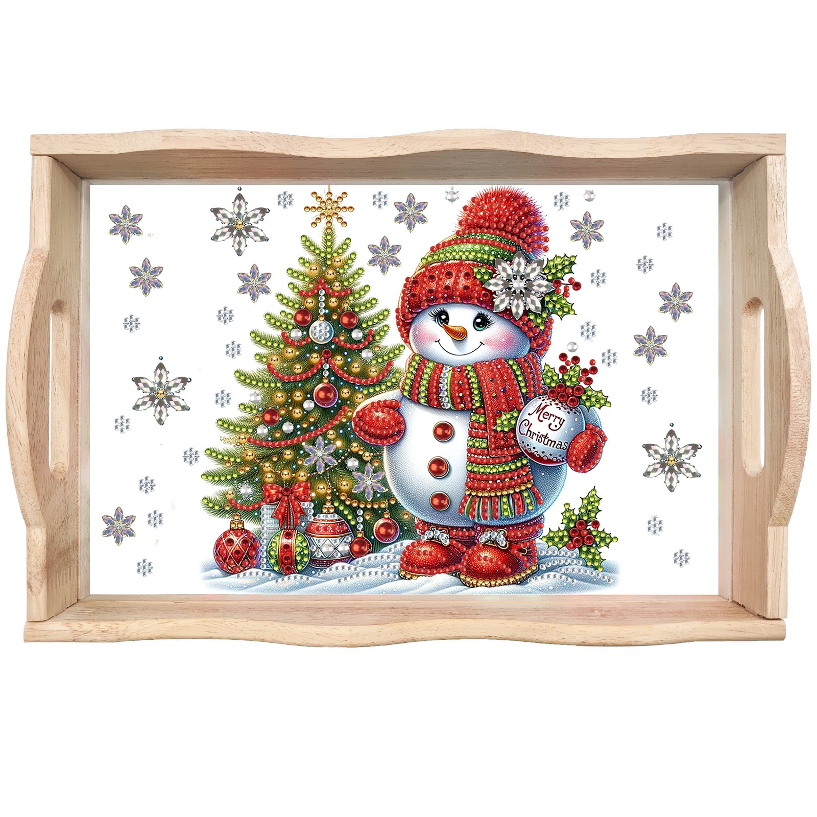 FLOPESN DIY Diamond Art Painting Handmade Wooden Tray,Creative Design Serving Dinner Plate for Coffee Living Room Home Organizer-Christmas Snowman