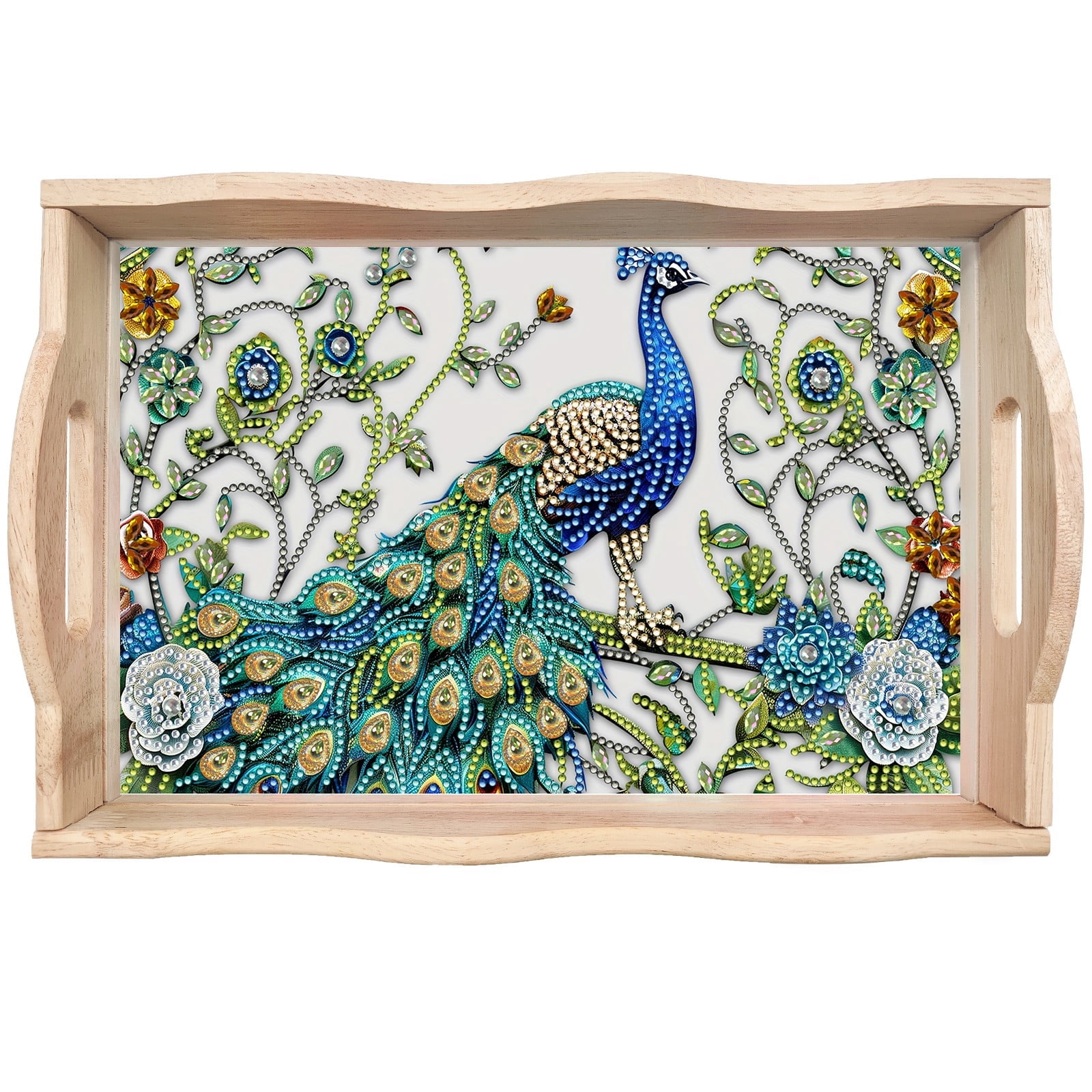 FLOPESN DIY Diamond Art Painting Handmade Wooden Tray,Creative Design Serving Dinner Plate for Coffee Living Room Home Organizer-Peafowl