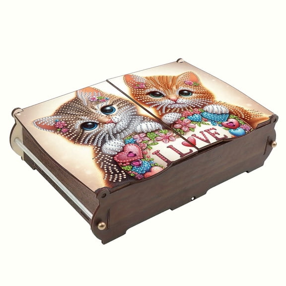 FLOPESN DIY Diamond Art Painting Jewelry Box,Creative Design Wooden Lid Rectangular Storage Case for Home Decor-Cat-1