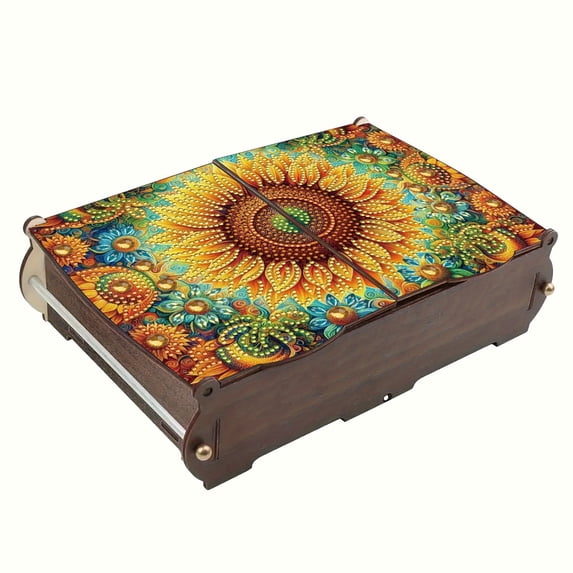 FLOPESN DIY Diamond Art Painting Jewelry Box,Creative Design Wooden Lid Rectangular Storage Case for Home Decor-Sunflower