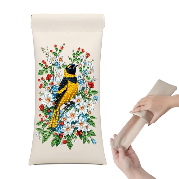 FLOPESN DIY Diamond Art Painting Portable Storage Glasses Bag,Pu Leather Press-To-Close Automatic Closure,With a Fixed Glasses Cloth, Scratch-Resistant and Wear-Resistant-Oriole