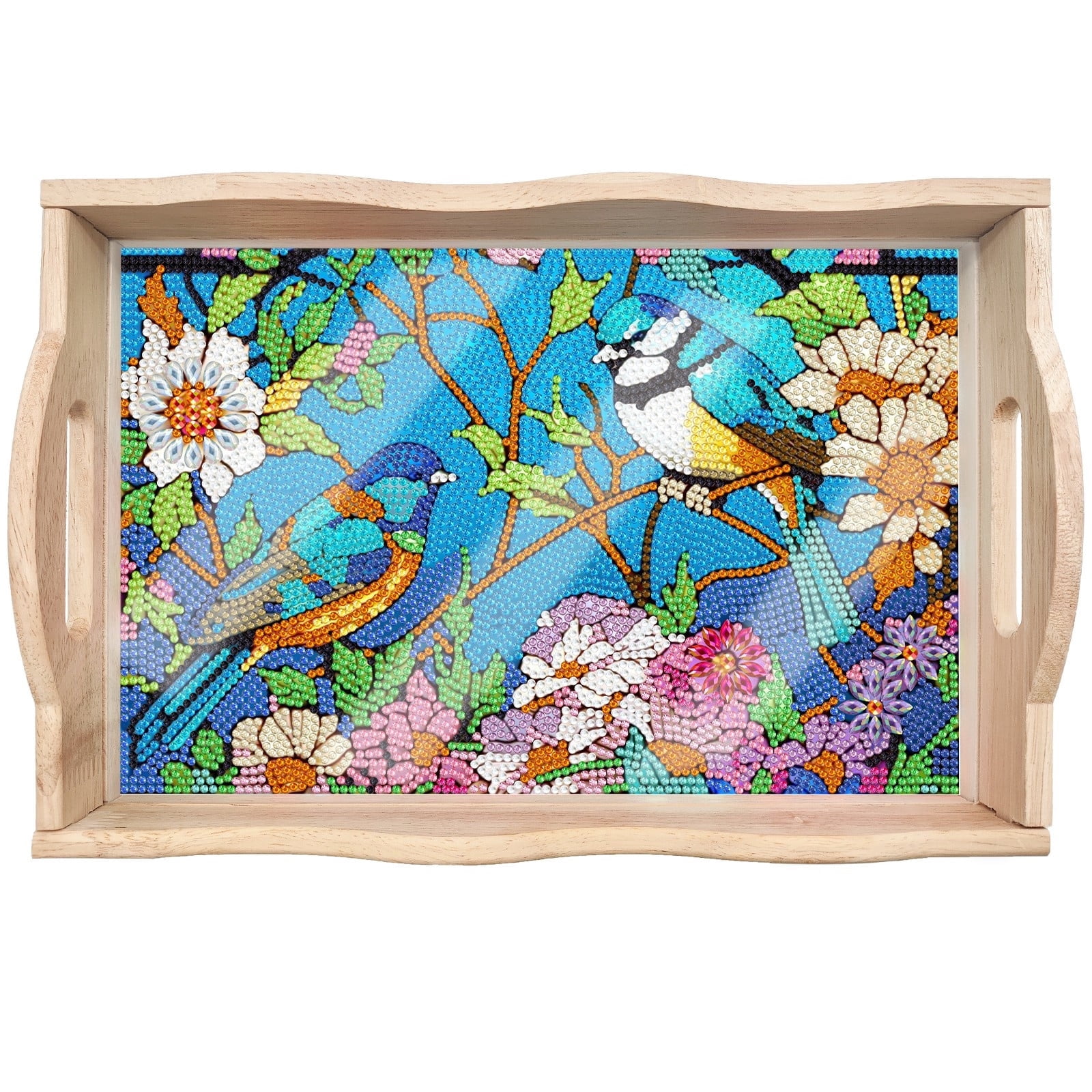 FLOPESN DIY Diamond Art Painting Tray,Handmade Wooden Tray Mosaic by Number Kits Diamond Art for Coffee Living Room Home Organizer-Birds singing and flowers fragrant