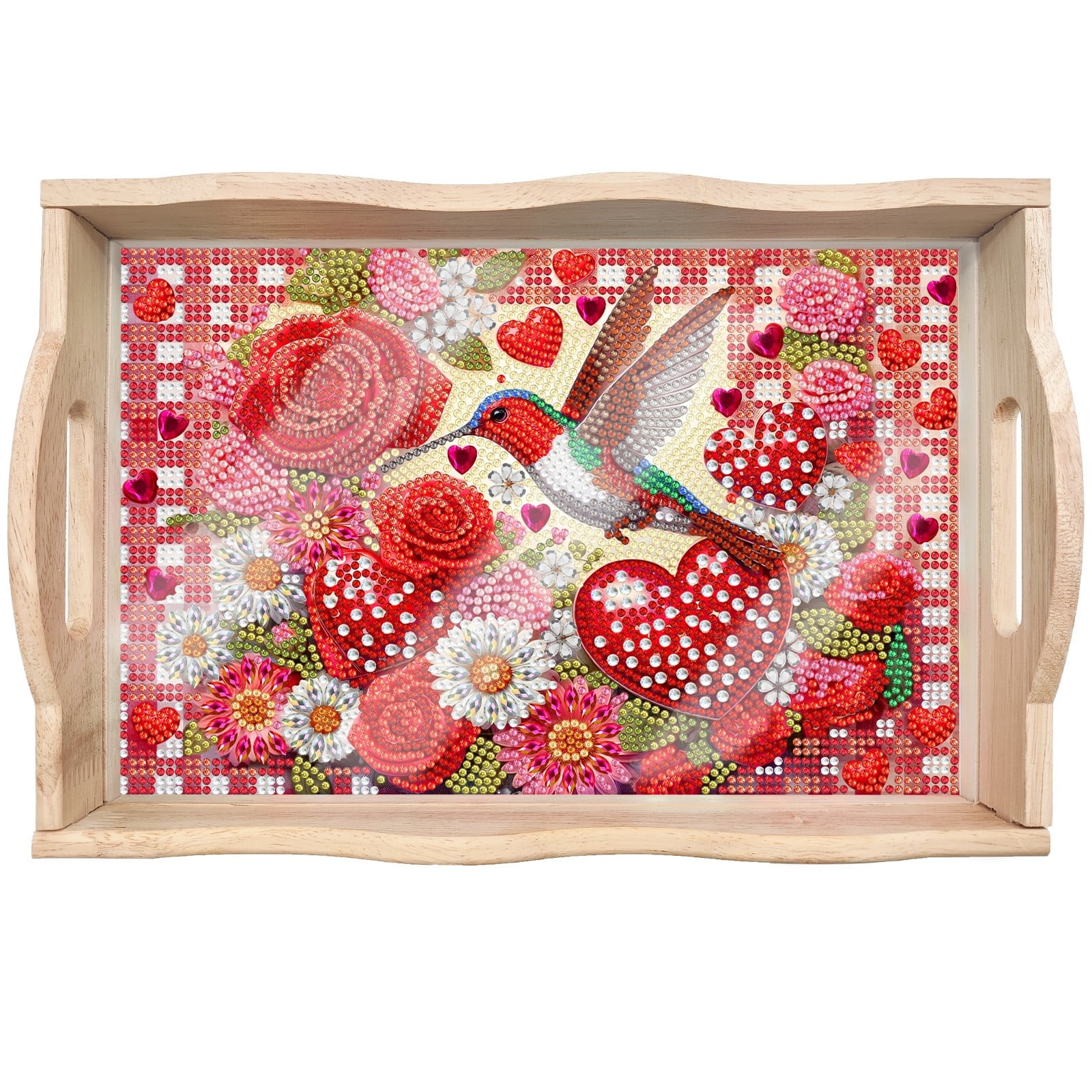 FLOPESN DIY Diamond Art Painting Tray,Handmade Wooden Tray Mosaic by Number Kits Diamond Art for Coffee Living Room Home Organizer-Love Hummingbird