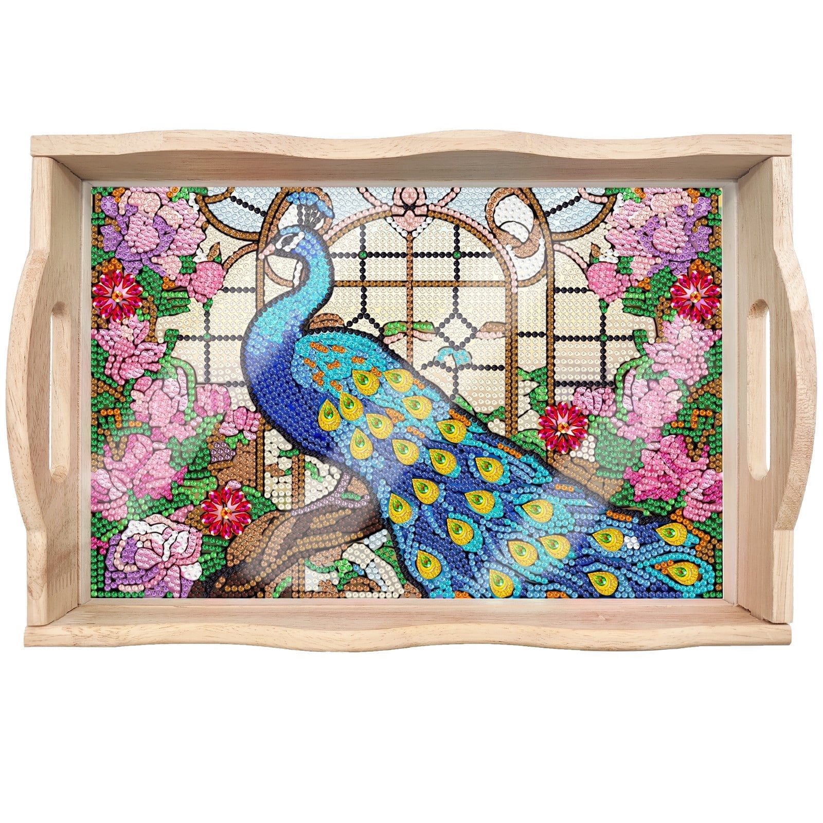 FLOPESN DIY Diamond Art Painting Tray,Handmade Wooden Tray Mosaic by Number Kits Diamond Art for Coffee Living Room Home Organizer-Peafowl