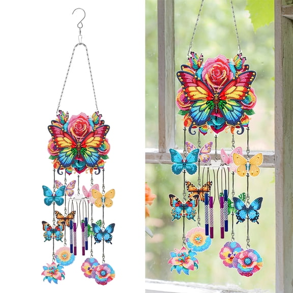 FLOPESN DIY Diamond Art Painting Wind Chime Pendant Handmade Creative Butterfly Three-Dimensional Dreamy and Beautiful Hanging Ornament Home Garden Wall Door Decor