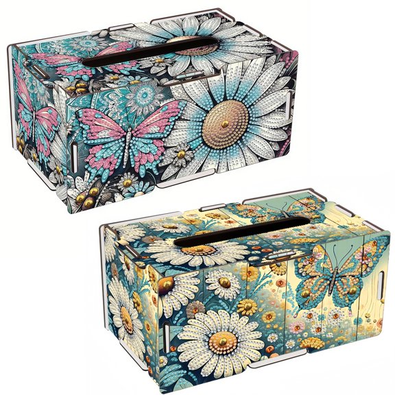 FLOPESN DIY Diamond Art Painting Wooden Assembly Paper Box, 8.86*5.31in, Creative Design Table Decor Rectangular Paper Towel Storage Box-2PCS Butterflies