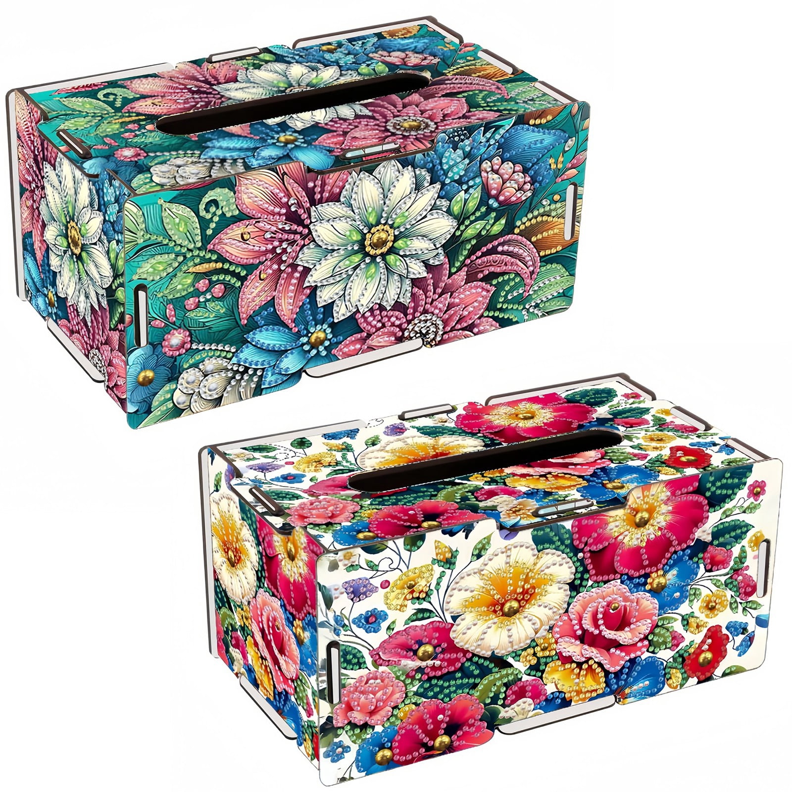 FLOPESN DIY Diamond Art Painting Wooden Assembly Paper Box, 8.86*5.31in, Creative Design Table Decor Rectangular Paper Towel Storage Box-2PCS Flowers-1