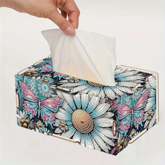 FLOPESN DIY Diamond Art Painting Wooden Assembly Paper Box, 8.86*5.31in, Creative Design Table Decor Rectangular Paper Towel Storage Box-Butterfly-3
