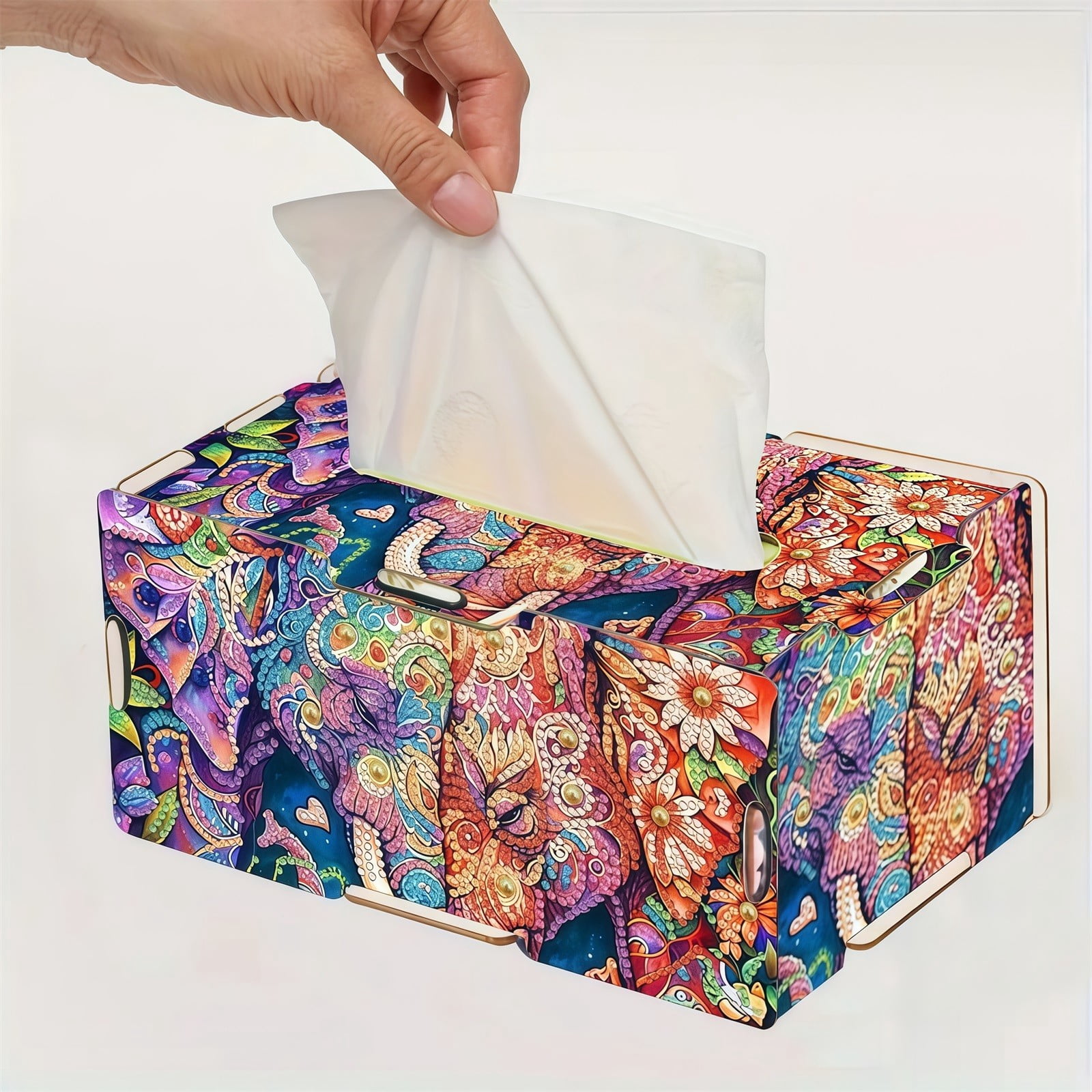 FLOPESN DIY Diamond Art Painting Wooden Assembly Paper Box, 8.86*5.31in, Creative Design Table Decor Rectangular Paper Towel Storage Box-Colorful Patterns