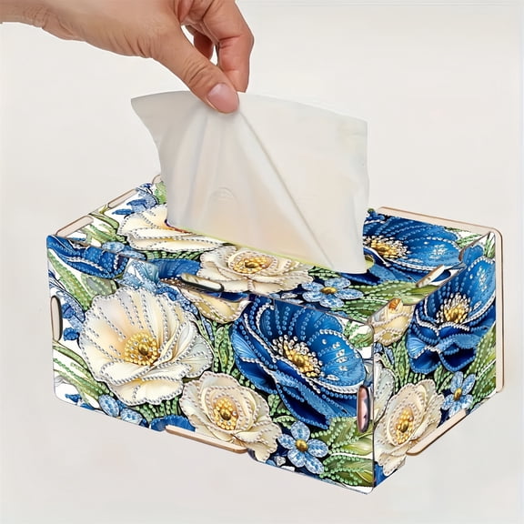 FLOPESN DIY Diamond Art Painting Wooden Assembly Paper Box, 8.86*5.31in, Creative Design Table Decor Rectangular Paper Towel Storage Box-Flowers-4