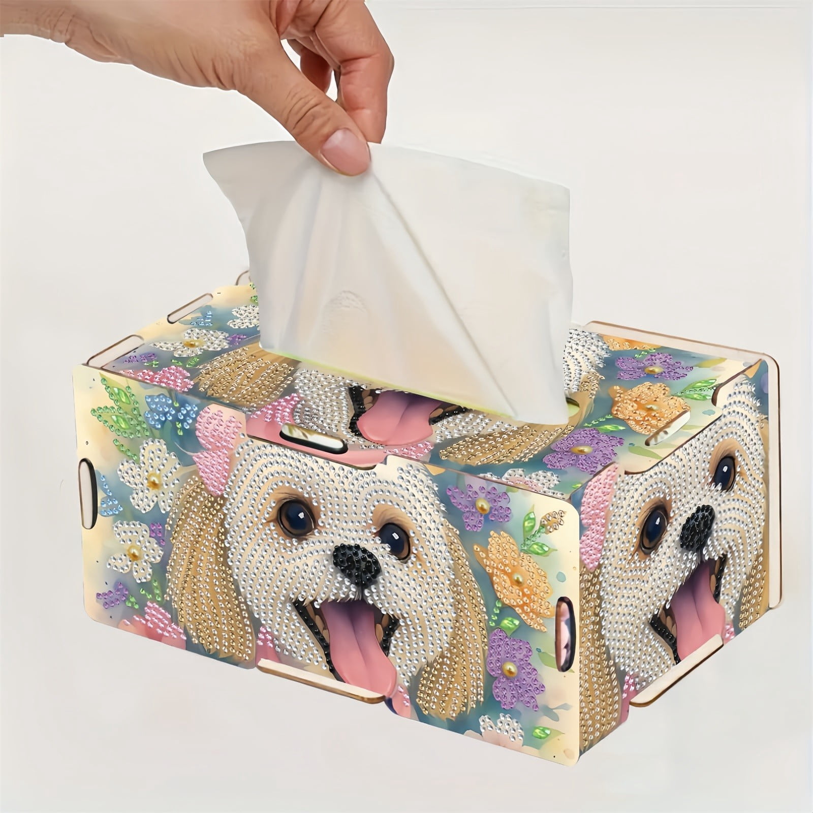 FLOPESN DIY Diamond Art Painting Wooden Assembly Paper Box, 8.86*5.31in, Creative Design Table Decor Rectangular Paper Towel Storage Box-Puppy