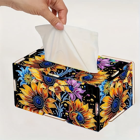 FLOPESN DIY Diamond Art Painting Wooden Assembly Paper Box, 8.86*5.31in, Creative Design Table Decor Rectangular Paper Towel Storage Box-Sunflower
