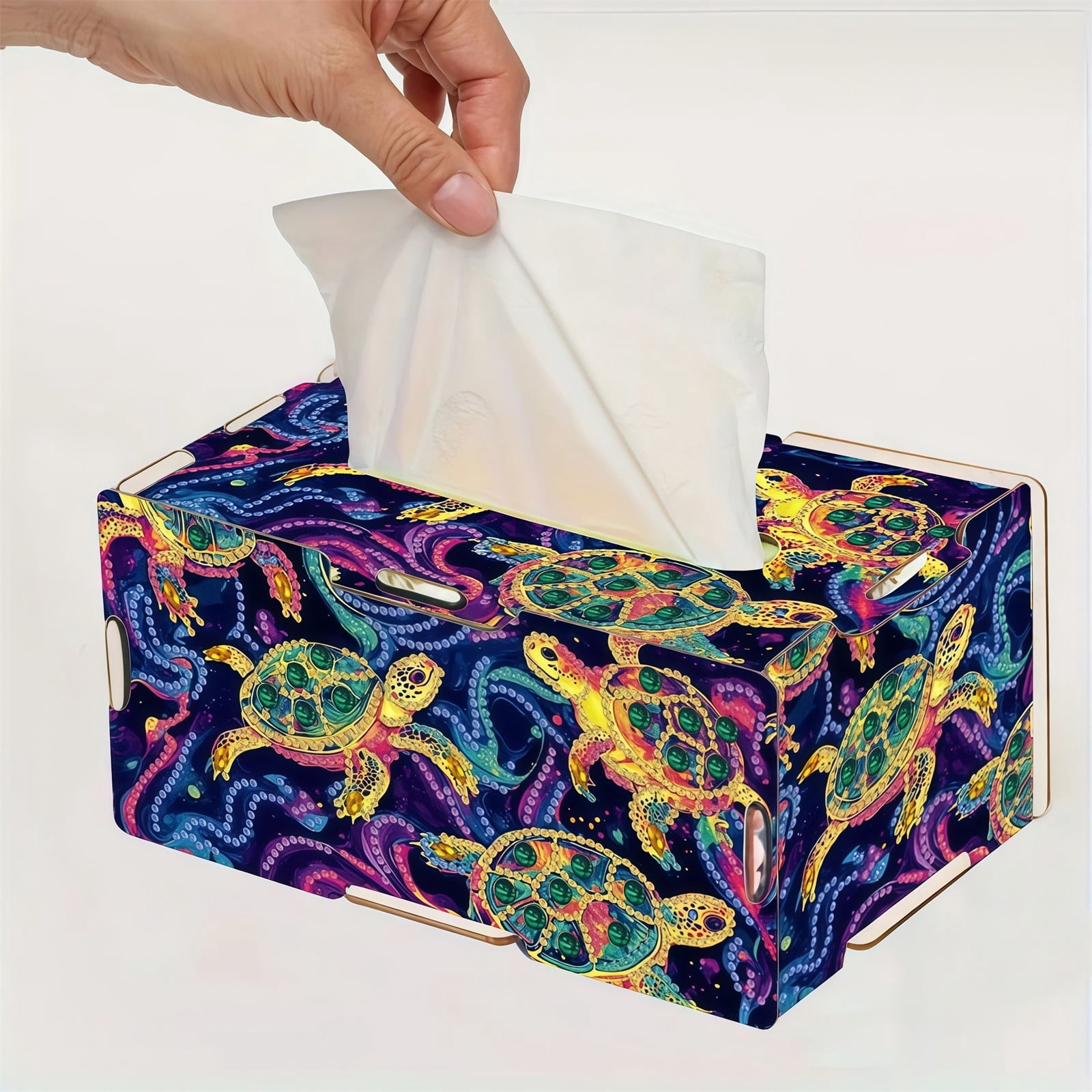 FLOPESN DIY Diamond Art Painting Wooden Assembly Paper Box, 8.86*5.31in, Creative Design Table Decor Rectangular Paper Towel Storage Box-Turtle
