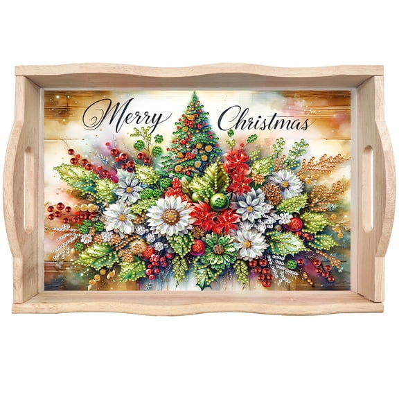 FLOPESN Christmas Flowers Diamond Art Wooden Tray, Partial Christmas Design Rectangular Dinner Plate, Handmade Home Decor Craft Kit Custom