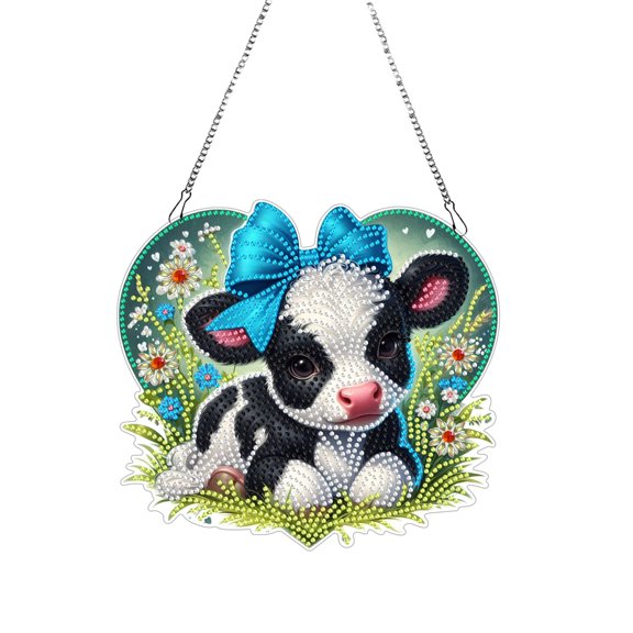 FLOPESN DIY Diamond Painting Cow Ornament, Creative PET Pendant for Home Wall Decor, Single-Sided Rhinestone Craft