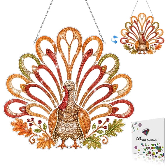 FLOPESN DIY Diamond Painting Thanksgiving Turkey Acrylic Window Hanging Ornament, Double-Sided Pattern, Single-Sided Diamond