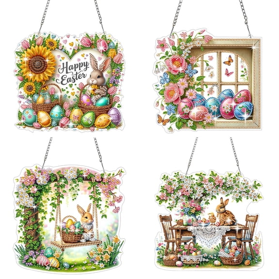 FLOPESN DIY Easter Diamond Art Painting Pendant Kit - 7.08X7.87in Acrylic Single-sided Rhinestone Dotting Pendant Wall Decor-4Pcs
