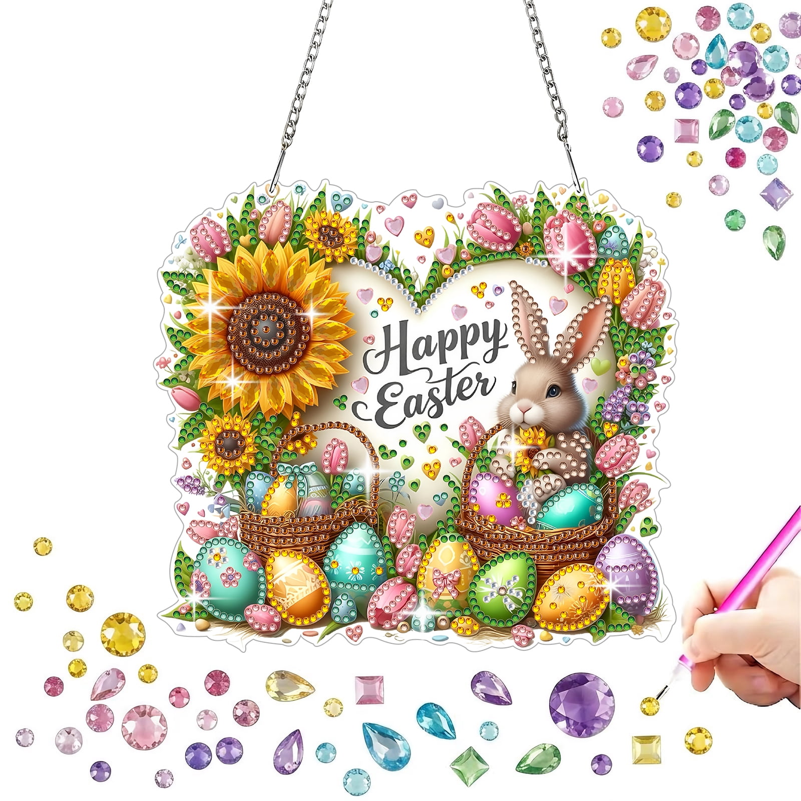FLOPESN DIY Easter Diamond Art Painting Pendant Kit - 7.08X7.87in Acrylic Single-sided Rhinestone Dotting Pendant Wall Decor-Heart