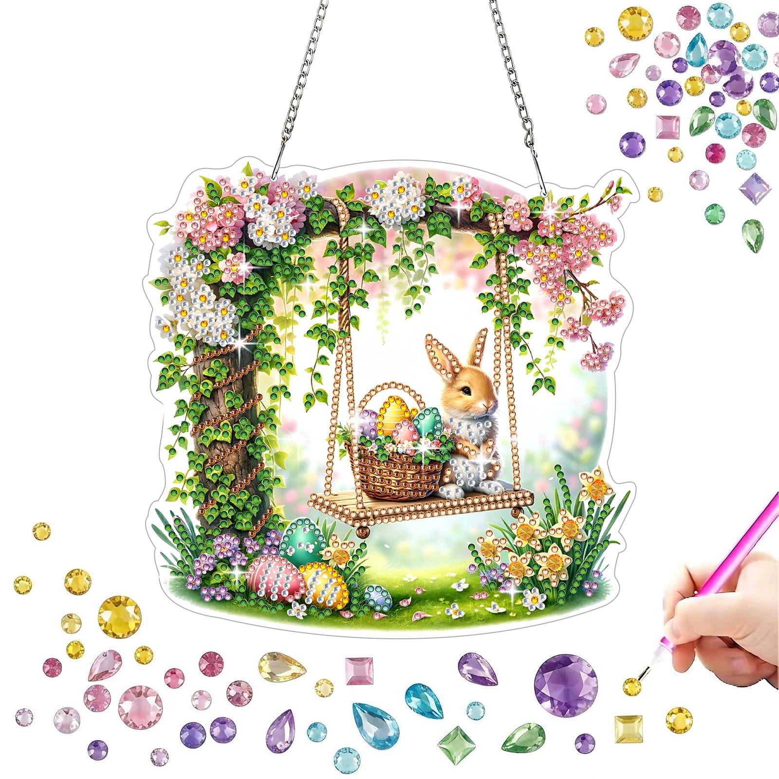FLOPESN DIY Easter Diamond Art Painting Pendant Kit - 7.08X7.87in Acrylic Single-sided Rhinestone Dotting Pendant Wall Decor-Swing