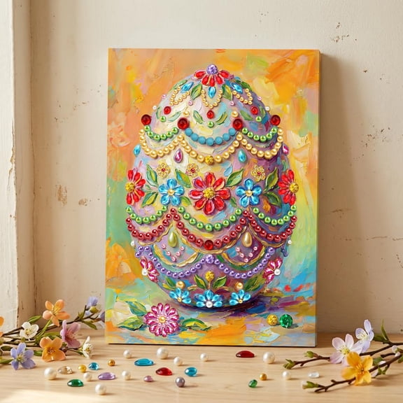 FLOPESN DIY Easter Egg Pearl Painting Kit with Frame, 11.81*15.74 inch, Handmade Rectangular Colored Canvas Wall Desk Decor,Art Craft Kits for Adults