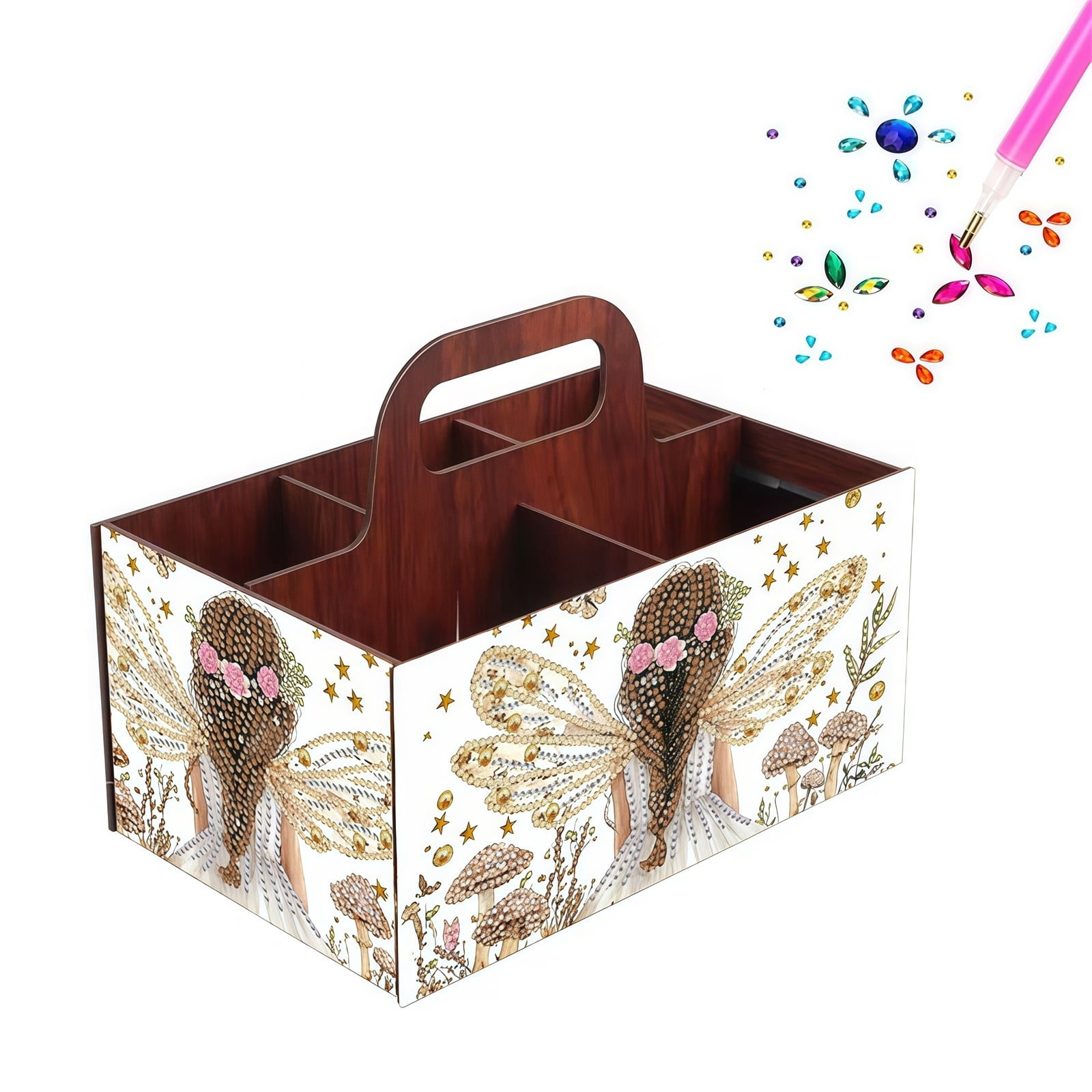FLOPESN DIY Fairy Diamond Art Painting 5 compartments Wooden Storage Box, 9.44*8.14in, Practical Rectangular Assembly Portable Multi-Grid Box