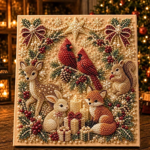 FLOPESN DIY Forest Christmas Critters Pearl Diamond Painting Art Kit with Frame