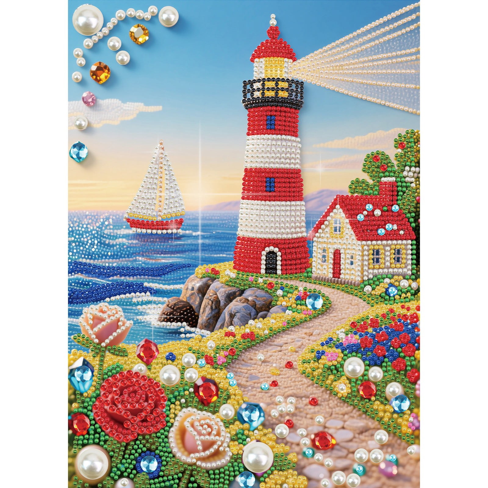 FLOPESN DIY Gemstone Pearl Diamond Art Painting Kit Unframed, 9.84X13.78in, Colourful Canvas Holiday Present Home Wall Decor Unframed-Lighthouse-1