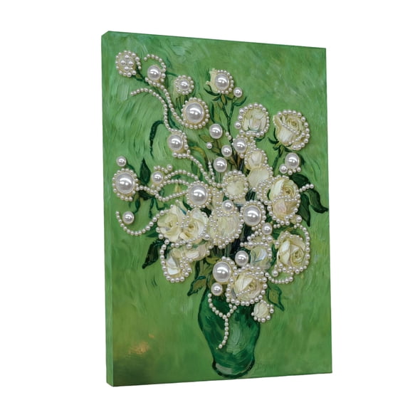 FLOPESN DIY Gemstone Pearl Diamond Art Painting Kit with Frame, 11.81x15.75in Colored Canvas, Home Decor Display for Tabletop and Wall -White Rose