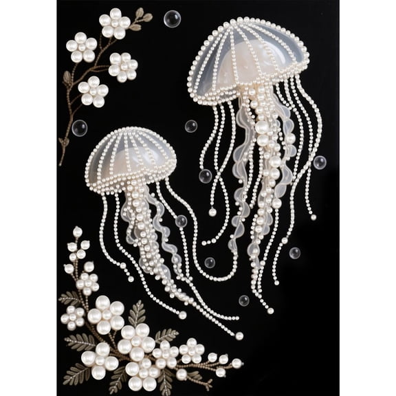FLOPESN DIY Gemstone Pearl Painting Kit - 9.84x13.78 Inch Frameless Black Canvas Art for Adults, Stress Relief Craft & Wall Decor-Jellyfish