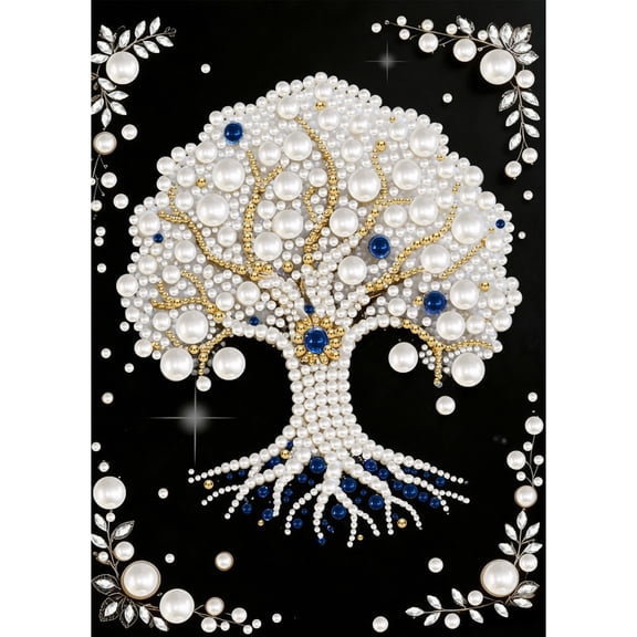 FLOPESN DIY Gemstone Pearl Painting Kit - 9.84x13.78 Inch Frameless Black Canvas Art for Adults, Stress Relief Craft & Wall Decor-Tree