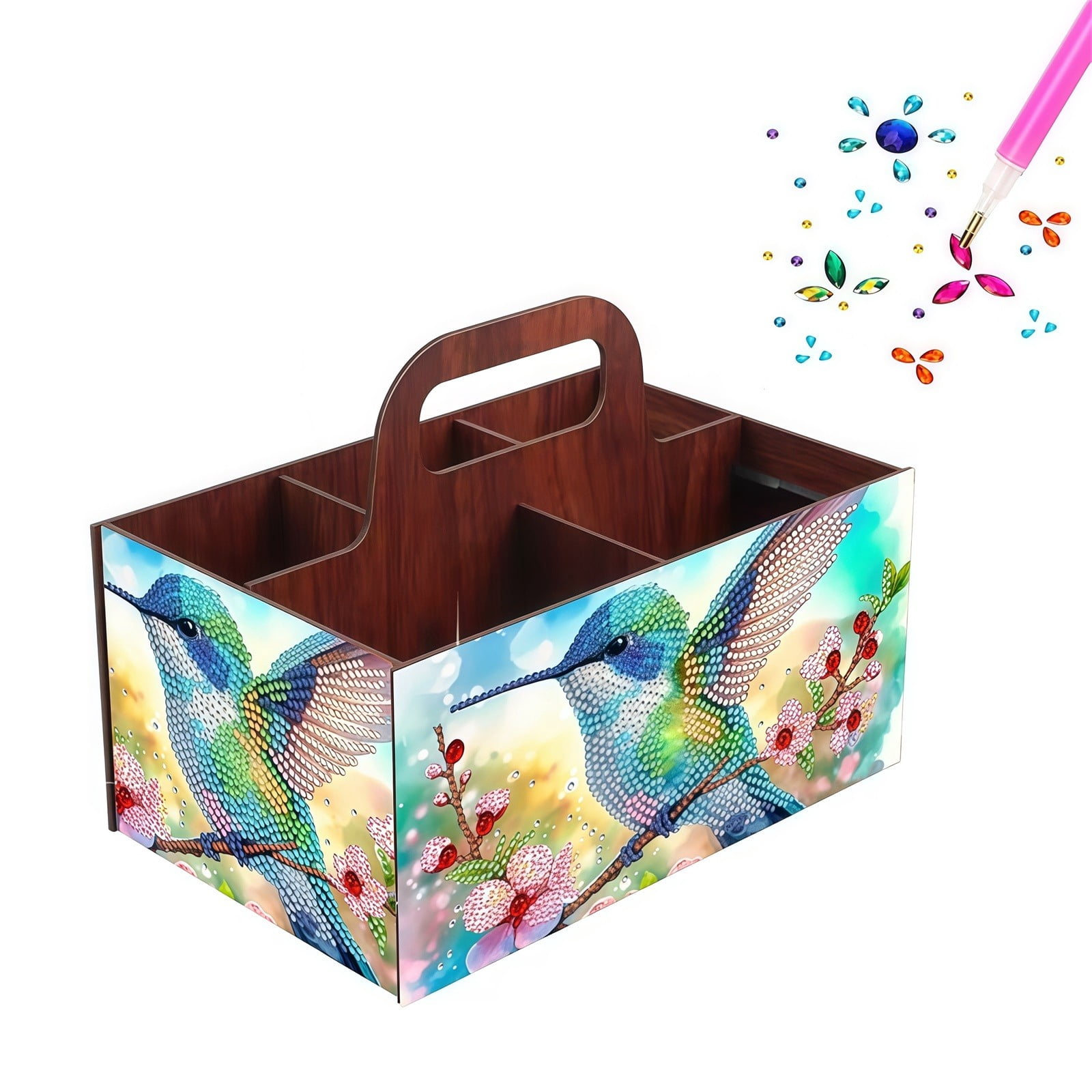 FLOPESN DIY Hummingbird Diamond Art Painting 5 compartments Wooden Storage Box, 9.44*8.14in, Practical Rectangular Assembly Portable Multi-Grid Box