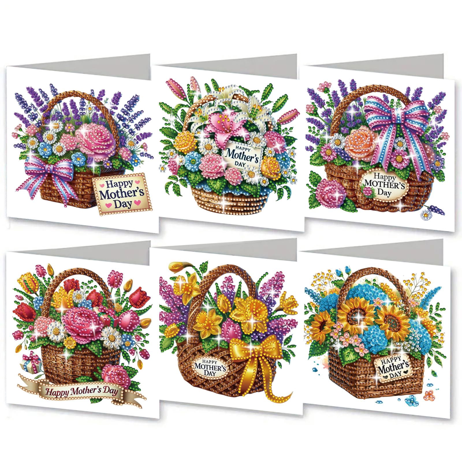 FLOPESN DIY Mother's Day Diamond Art Greeting Card Kit with White Envelope, 5.91X11.81in Flower Basket Theme, Creative Design Blessing Gift Folding Card Set