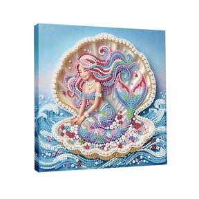 FLOPESN DIY Pearl Painting with Frame,Self-Adhesive, Healing, Stress-Relieving Home Wall Decoration, Framed Painting with Frame Tools Colored Canvas-Mermaid