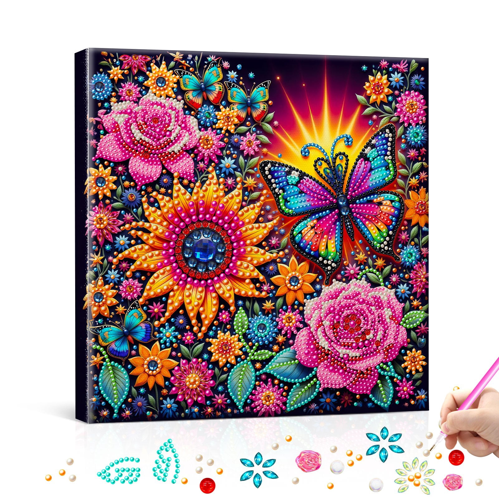 FLOPESN DIY Pearl Painting Kit with Wood Frame, 11.42x11.42 Inch Home Wall Art Decor, Mindful Adult Craft for Stress Relief and Relaxation-Butterfly-3