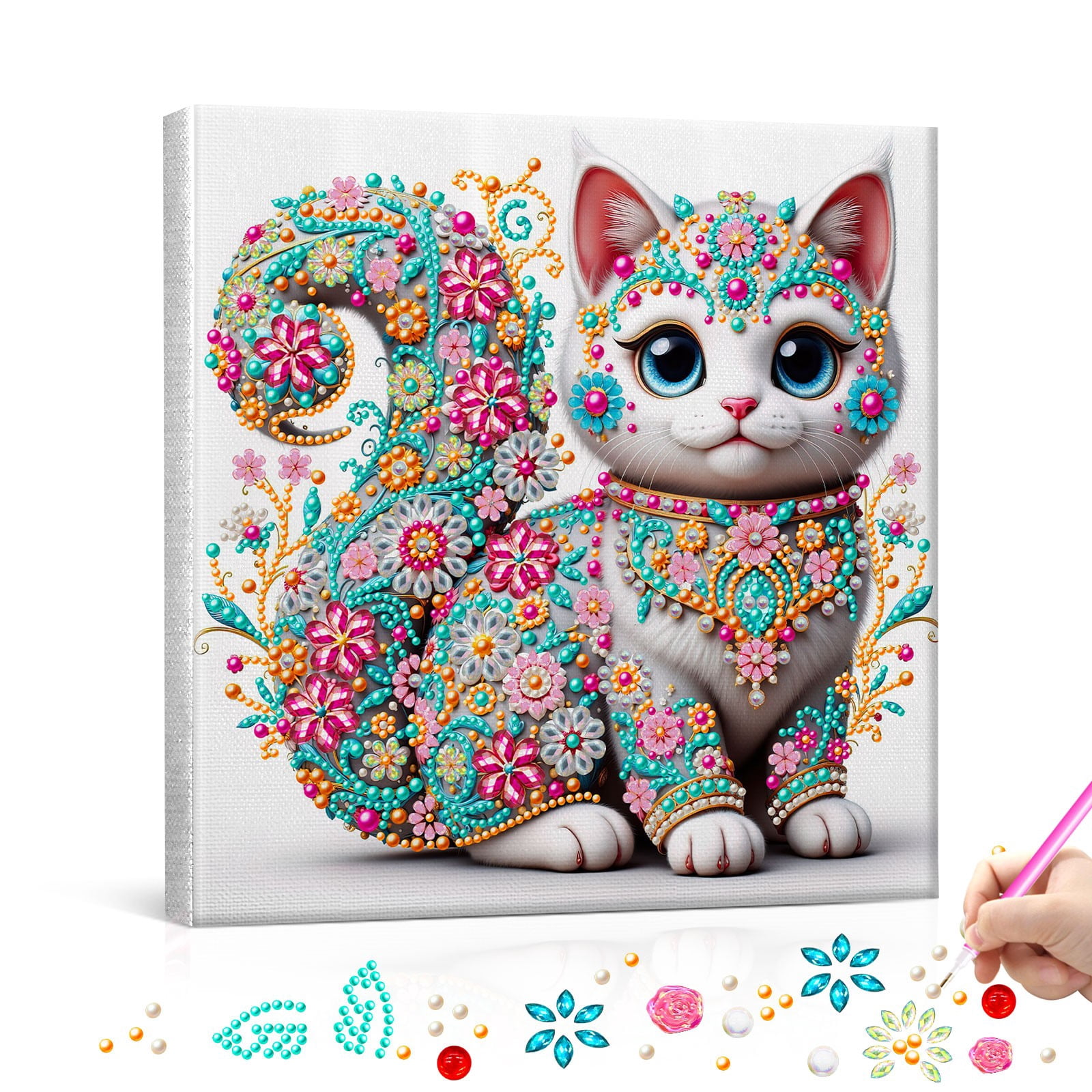 FLOPESN DIY Pearl Painting Kit with Wood Frame, 11.42x11.42 Inch Home Wall Art Decor, Mindful Adult Craft for Stress Relief and Relaxation-Cat-1