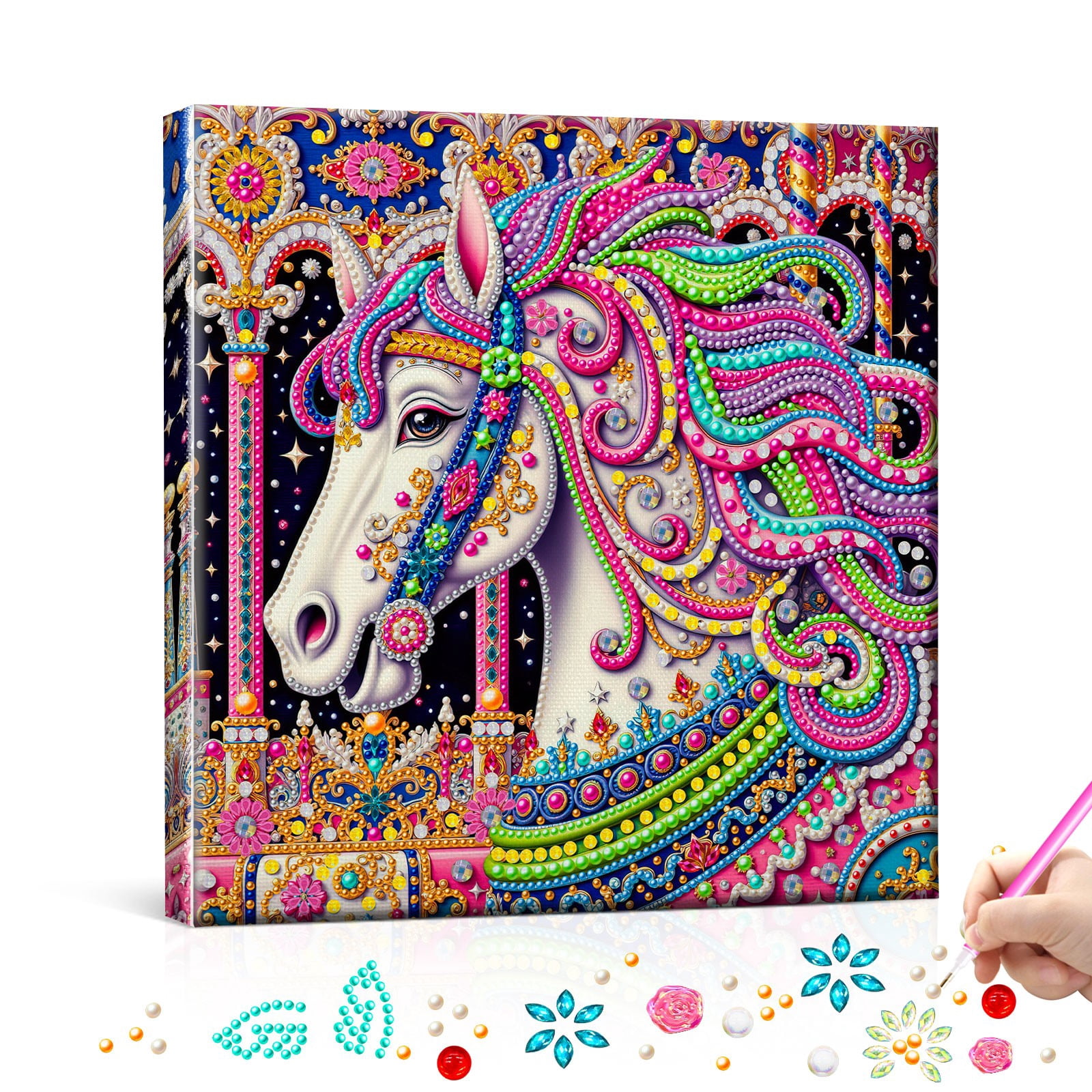 FLOPESN DIY Pearl Painting Kit with Wood Frame, 11.42x11.42 Inch Home Wall Art Decor, Mindful Adult Craft for Stress Relief and Relaxation-Horse-1