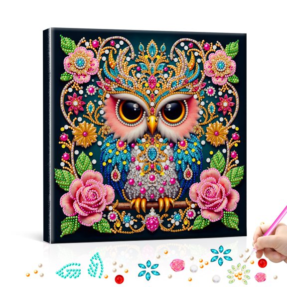 FLOPESN DIY Pearl Painting Kit with Wood Frame, 11.42x11.42 Inch Home Wall Art Decor, Mindful Adult Craft for Stress Relief and Relaxation-Owl-3