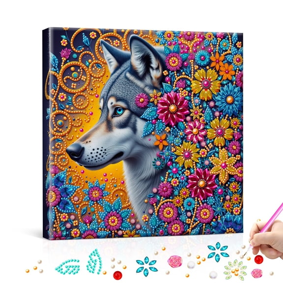 FLOPESN DIY Pearl Painting Kit with Wood Frame, 11.42x11.42 Inch Home Wall Art Decor, Mindful Adult Craft for Stress Relief and Relaxation-Wolf