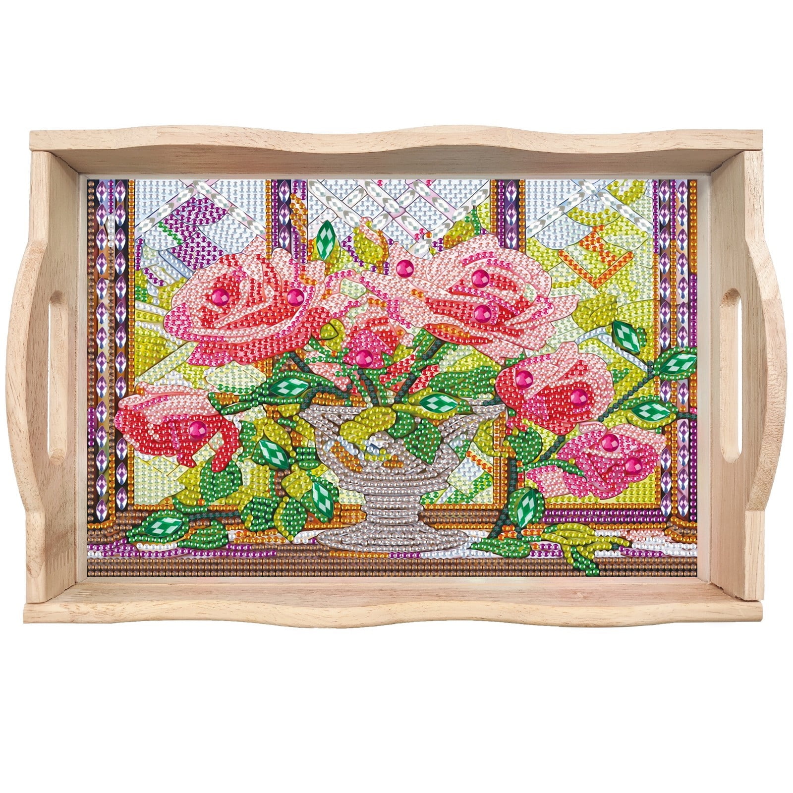 FLOPESN DIY Rose Bouquet Dot Diamond Painting Tray, 11.81*7.87 inch, Creative Design Handmade Wooden Tray Dinner Plate diamond art kit