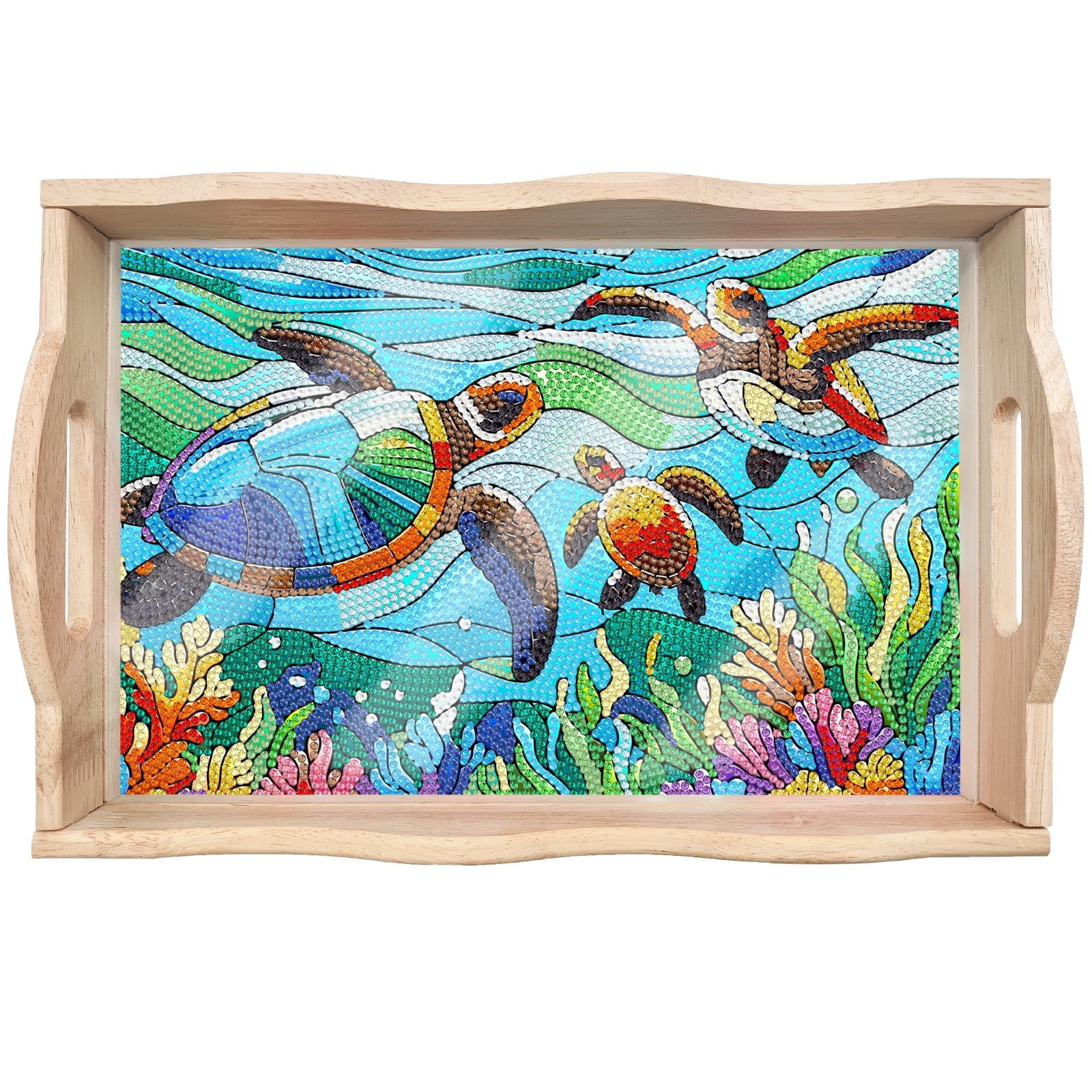 FLOPESN DIY Sea Turtles Dot Diamond Painting Tray, 11.81*7.87 inch, Creative Design Handmade Wooden Tray Dinner Plate diamond art kit
