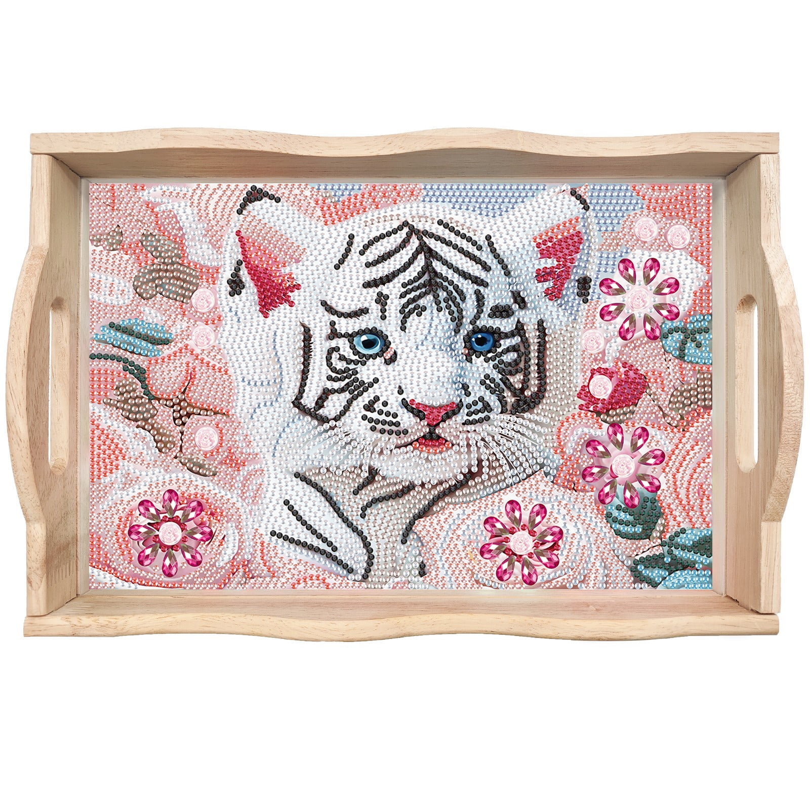 FLOPESN DIY White Tiger Dot Diamond Painting Tray, 11.81*7.87 inch, Creative Design Handmade Wooden Tray Dinner Plate diamond art kit