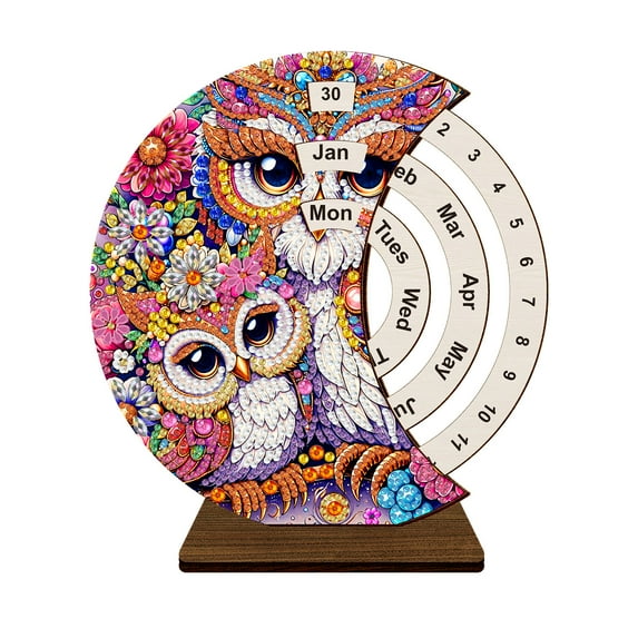 FLOPESN Desktop Rotatable Calendar DIY Diamond Ornaments, Diamond Art Painting Kits, Creative Design Wooden Home Decor -Owl