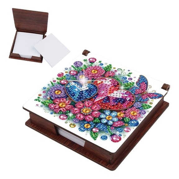 FLOPESN Diamond Art Note Box, Wooden Message Paper Storage Organizer with 160 Sticky Notes, DIY Craft Kit
