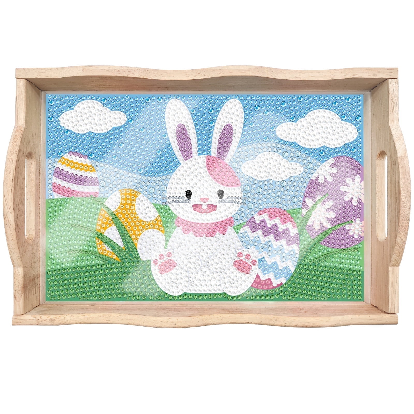 FLOPESN Easter Bunny DIY Diamond Art PaintingTray, Creative Design Handmade Wooden Dinner Plate For Kitchen、Coffee Shop