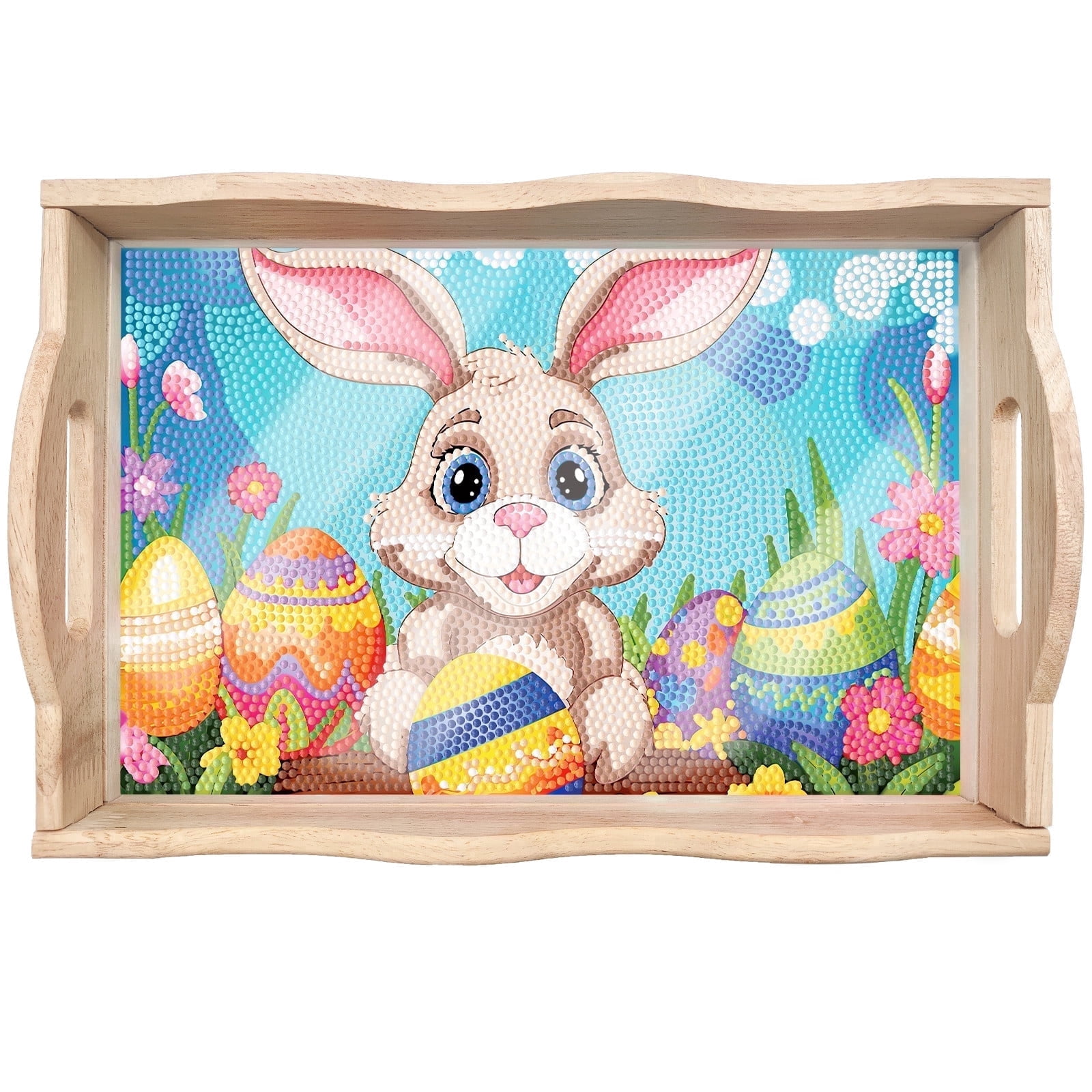 FLOPESN Easter Bunny DIY Diamond Art PaintingTray, Creative Design Handmade Wooden Dinner Plate For Kitchen、Coffee Shop