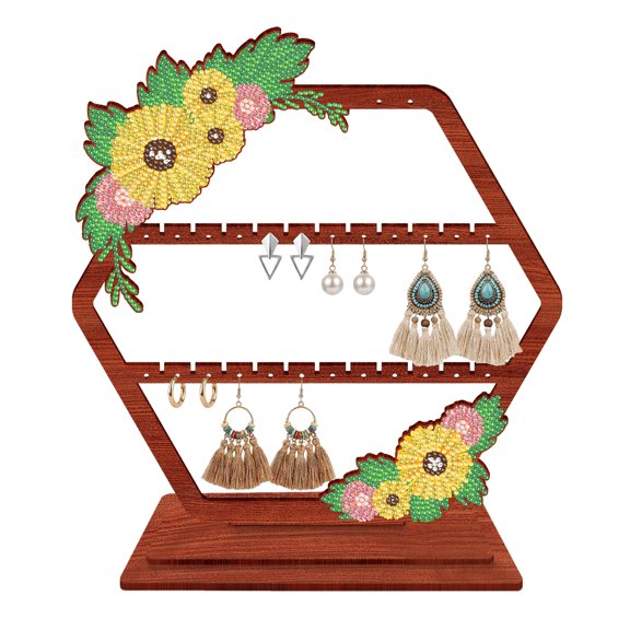 FLOPESN Floral Diamond Art Jewelry Storage Rack, Wooden Hexagonal Desktop Organizer, Single-Sided DIY Craft Gift