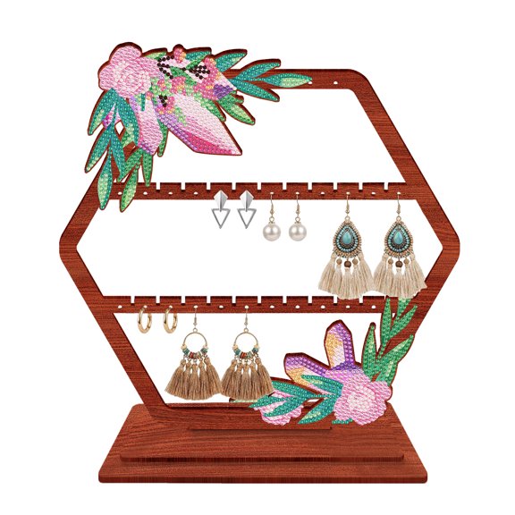 FLOPESN Floral Diamond Art Jewelry Storage Rack, Wooden Hexagonal Desktop Organizer, Single-Sided DIY Craft Gift