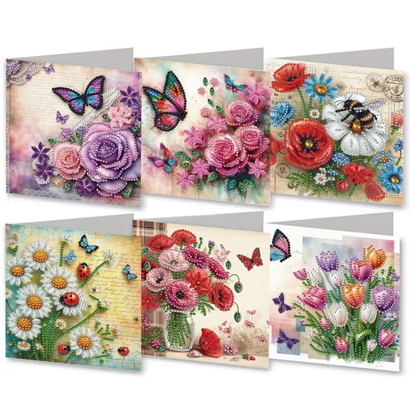 FLOPESN Flower Diamond Art Folding Greeting Card Set, 5.91x5.91in Holiday Blessing Gift with Envelope, DIY Craft Kit