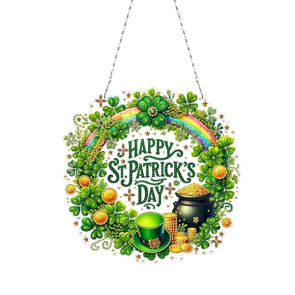 FLOPESN Four-Leaf Clover Wreath DIY Diamond Art Painting Pendant, St. Patrick's Day Creative Design PET Material Home Decor